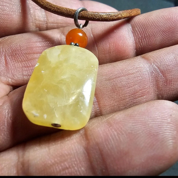 Rectangle Yellow Natural Gemstone Pendant 16" Leather Necklace Sterling Clasp - Picture 2 of 6